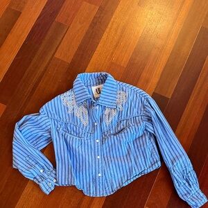 Women's Blue Striped Button Down Shirt with Embellishments